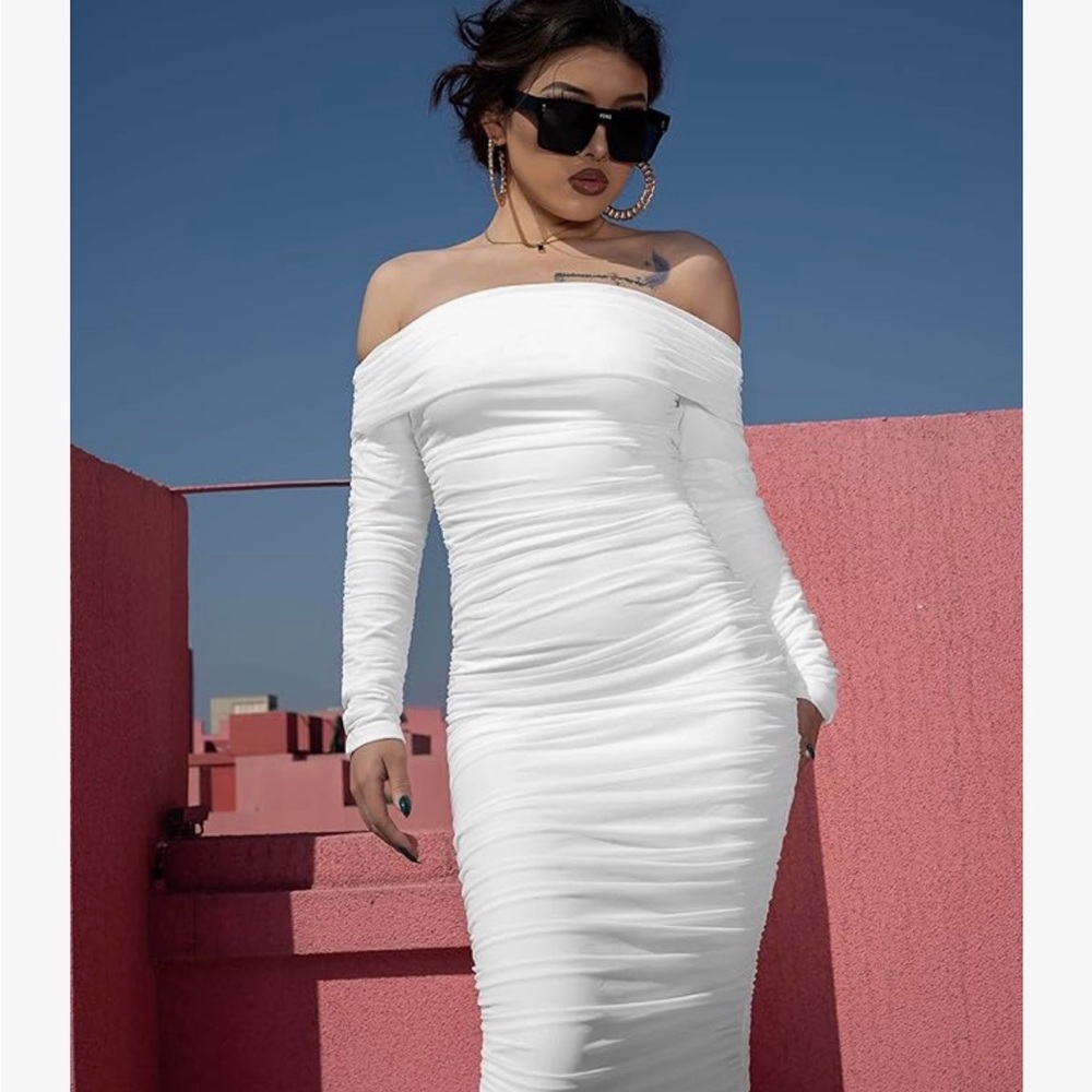 Amazon White Off-Shoulder Ruched Midi Dress